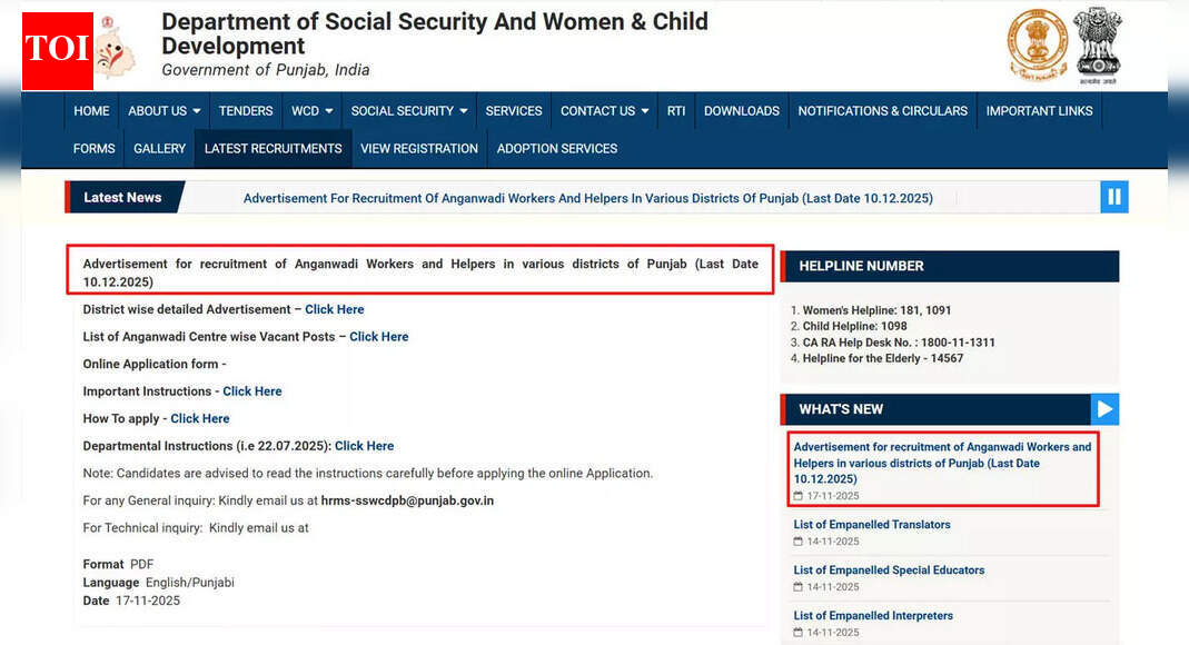 पंजाब आंगनवाड़ी भर्ती 2025: 6110 AWW और AWH रिक्तियों के लिए ऑनलाइन आवेदन करें sswcd.punjab.gov.in