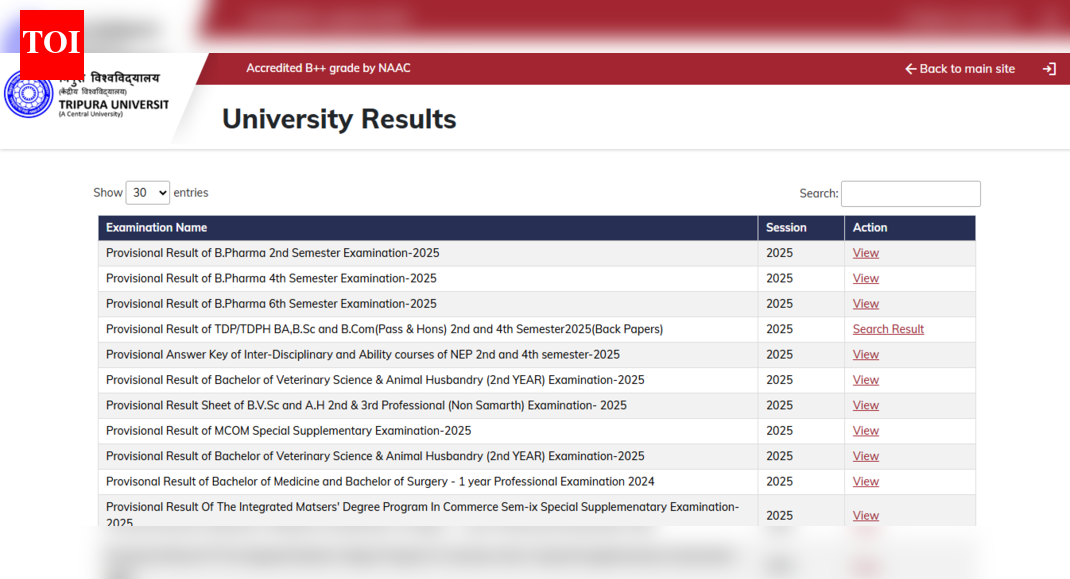 Tripura University official website homepage showing university results section with BPharma semester examination options