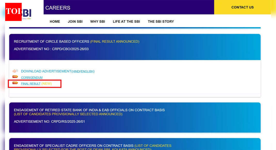SBI CBO final result 2025 OUT at sbi.bank.in; check selected roll numbers and download PDF here
