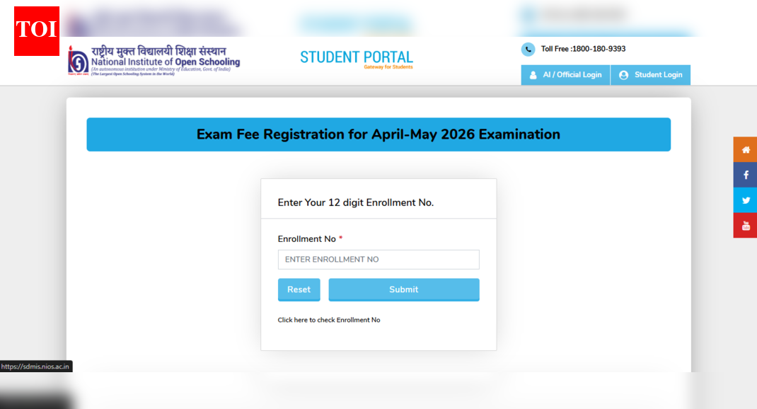 NIOS April-May exam 2026: Registration for Class 10, 12 begins at sdmis.nios.ac.in; direct link to apply here