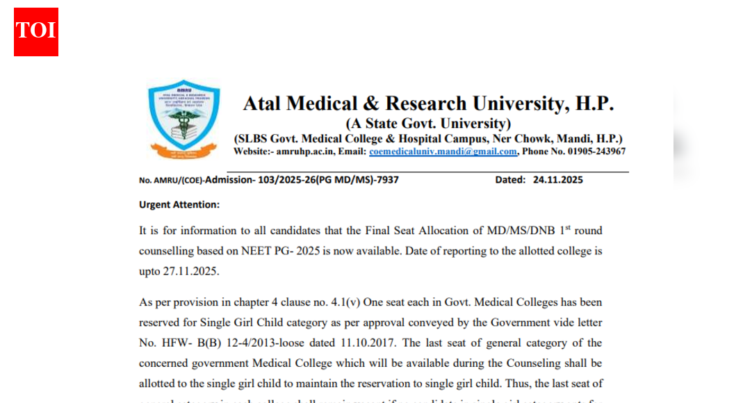 HP NEET PG counselling 2025 round 1 final seat allotment result released at amruhp.ac.in: Check direct link here