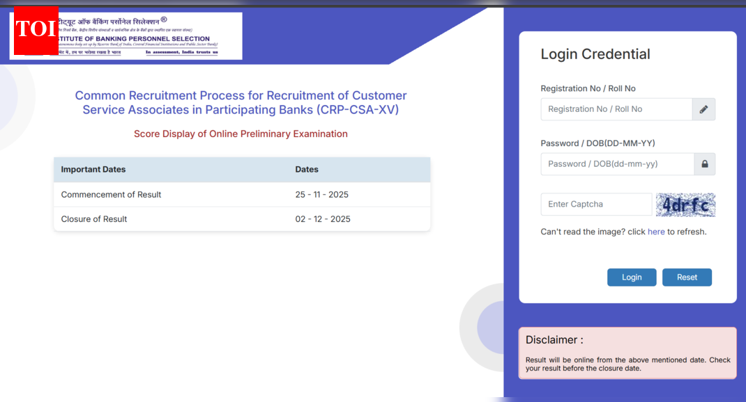 IBPS Clerk 2025 prelims scores released at ibps.in: Direct link to download here