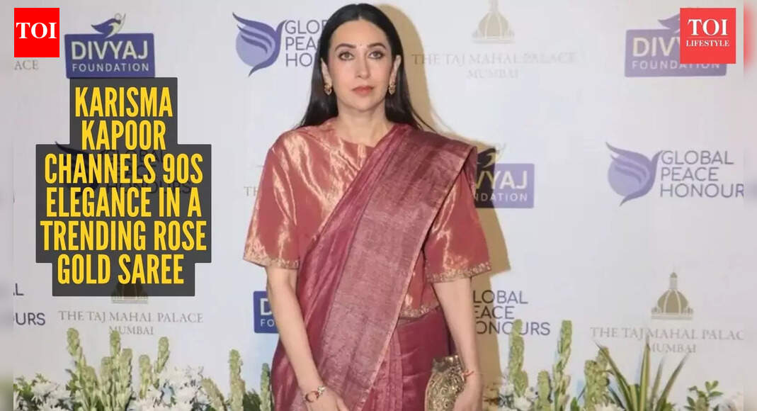 Karisma Kapoor’s rose gold saree with a 90s blouse twist is the ultimate retro combo for the shaadi season