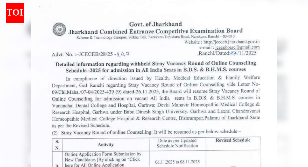 Jharkhand NEET UG counselling 2025: Stray vacancy round schedule revised; check key dates here