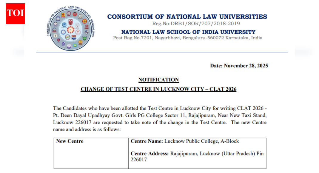 CLAT 2026 exam centre changed for Lucknow candidates: Here’s how to download revised admit cards