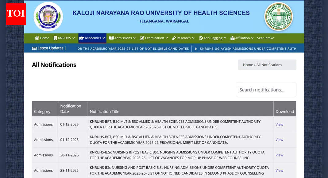 KNRUHS BPT, BSc MLT and allied health sciences 2025 merit list released at knruhs.telangana.gov.in, 8094 candidates selected; download result PDF here