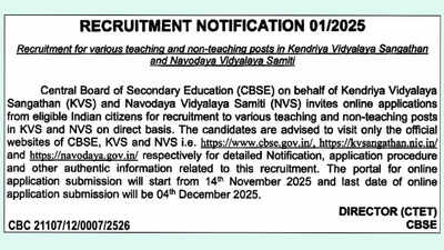 KVS and NVS recruitment 2025: CBSE to close registration window soon for 14,967 posts; direct link to apply here
