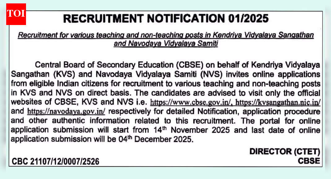 KVS and NVS recruitment 2025: CBSE to close registration window soon for 14,967 posts; direct link to apply here