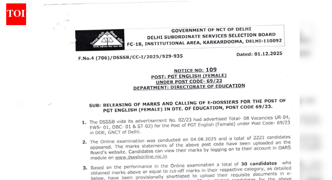 DSSSB PGT English result 2025 released at dsssb.delhi.gov.in: Check direct link to download scorecards here