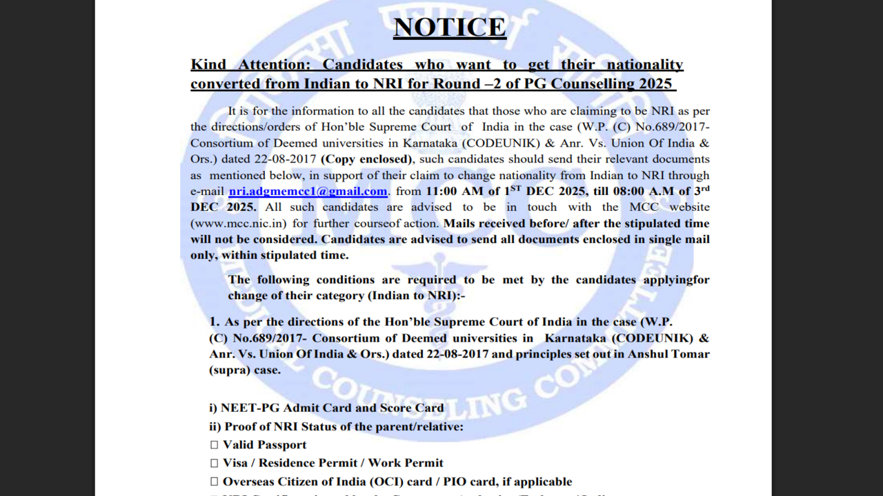 NEET PG 2026 releases important notice on nationality change for NRI  candidates: Check details here - The Times of India