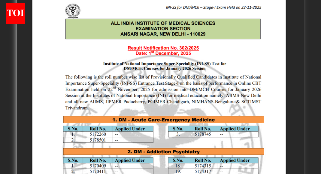 AIIMS INI SS result 2025 released: Check direct link to apply here