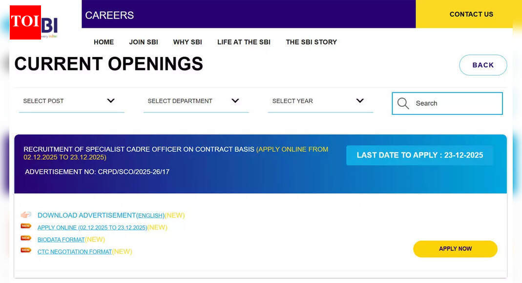 SBI Bank SO Recruitment 2025: Apply online for 1042 Specialist Officer posts at sbi.bank.in