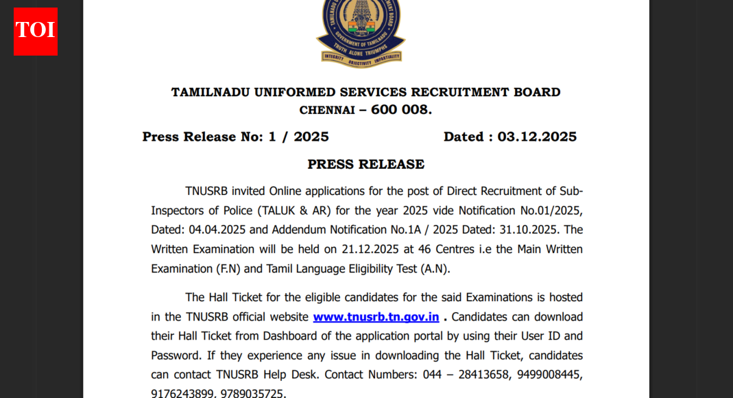 TNUSRB SI admit card 2025 released: Direct link to download hall tickets