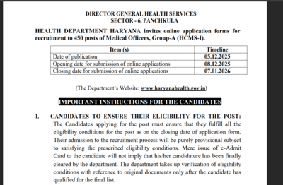 Haryana Medical Officer notification released for over 400 posts: Check details here