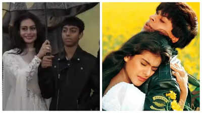 Shah Rukh Khan gushes over Kajol's kids Yug and Nysa coincidentally dressing up as Raj and Simran for 'DDLJ' statue unveiling event