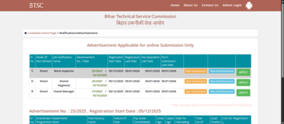 BTSC Work Inspector recruitment 2025: Registration begins for 1,114 posts; check direct link to apply and key details here