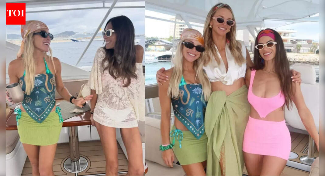 Matthew Stafford’s wife Kelly attracted attention in bright aquamarine beachwear at her best friend’s birthday on a fancy yacht