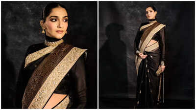 Sonam Kapoor, pregnant with her second child, showcases baby bump in a black Banarasi saree as she dazzles at Mumbai event