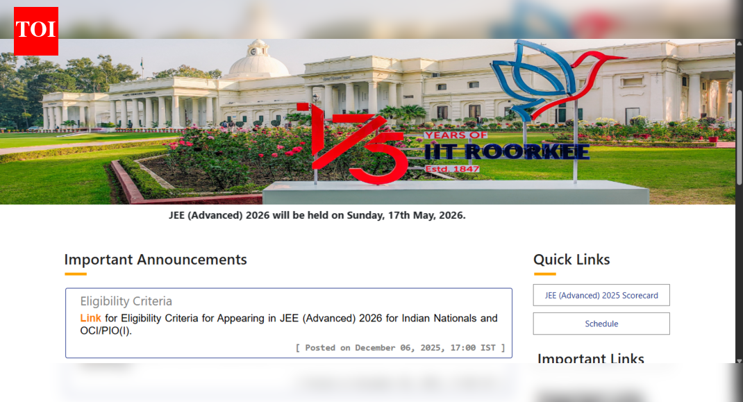 जेईई एडवांस्ड 2026: आईआईटी रूड़की ने उम्मीदवारों के लिए पांच प्रमुख पात्रता आवश्यकताएं जारी कीं; विवरण यहां जांचें