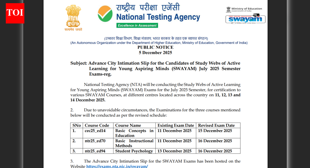 NTA Swayam July 2025 exam dates revised, city intimation slips released: Check details here