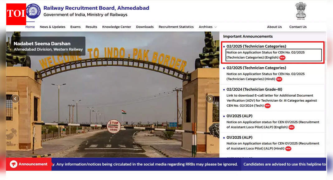RRB Technician CEN 02/2025 application status released for 6238 posts, check here