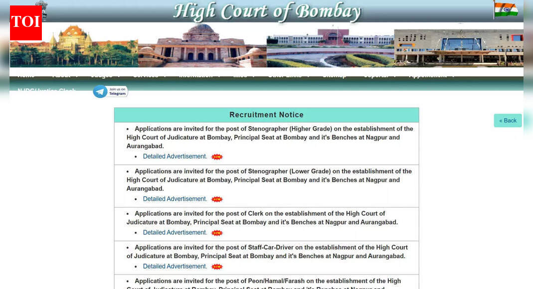 Bombay High Court recruitment 2025: Notice for clerk, driver, peon and steno posts released, application from Dec 15 at bombayhighcourt.nic.in