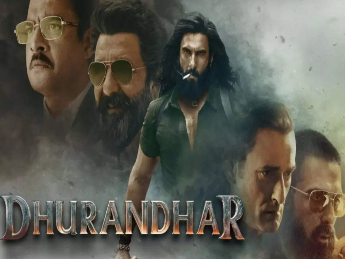 Dhurandhar movie poster featuring Ranveer Singh and ensemble cast