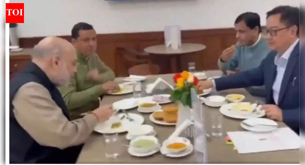 In between heated debates: Amit Shah takes lunch break with BJP MPs at Parliament canteen - video