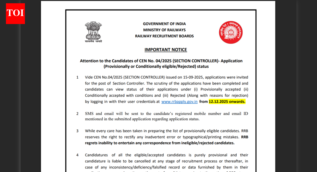 RRB Section Controller recruitment application status notice released: Check details here