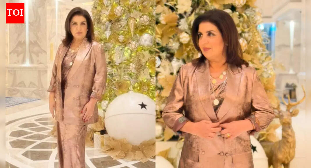 Farah Khan stuns in a rose-gold pantsuit at the grand Shahrukhz launch in Dubai