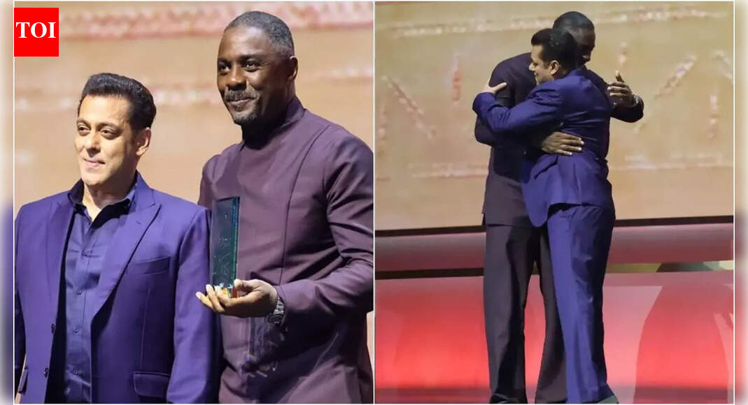 Salman Khan presents an award to Hollywood actor Idris Elba at the Red Sea Film Festival; introduces him, saying, 'I've seen his films'