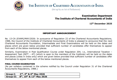 ICAI CA May 2026 exam datesheet released: Check Foundation, Inter and Final dates here