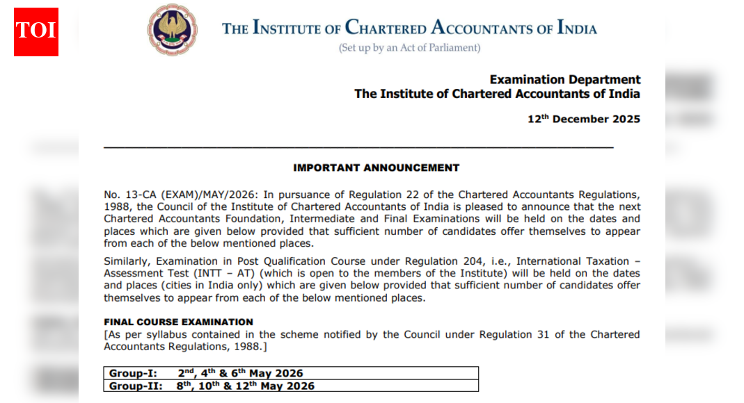 ICAI CA May 2026 exam datesheet released: Check Foundation, Inter and Final dates here