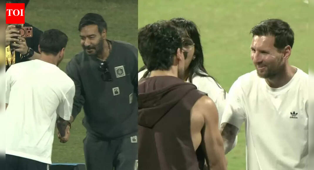 Ajay Devgn with son Yug Devgn and Tiger Shroff meet football legend Lionel Messi at Mumbai’s Wankhede Stadium, after Kareena Kapoor Khan and her children Taimur, Jeh - PICS inside