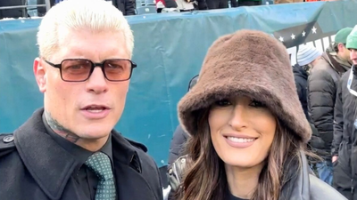 Nikki Bella roots for the Eagles as Cody Rhodes joins her at milestone field