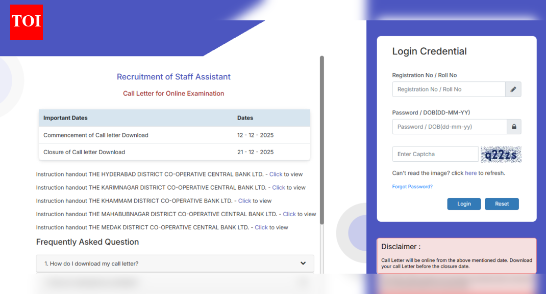 Telangana DCCB Staff Assistant hall ticket 2025 released: Check direct link, exam day instructions here