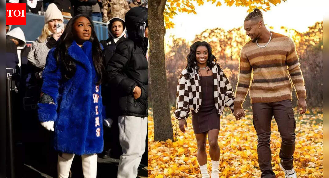 Simone Biles turns heads in luxury blue fur coat as she supports husband Jonathan Owens at chilly game