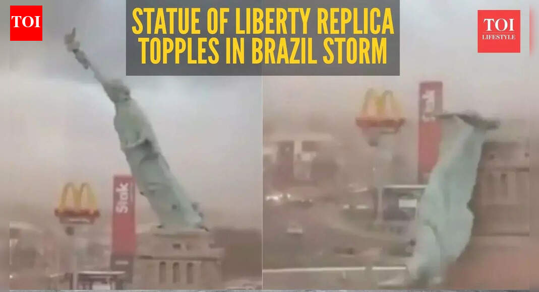 Storm topples Statue of Liberty replica, shocking video goes viral