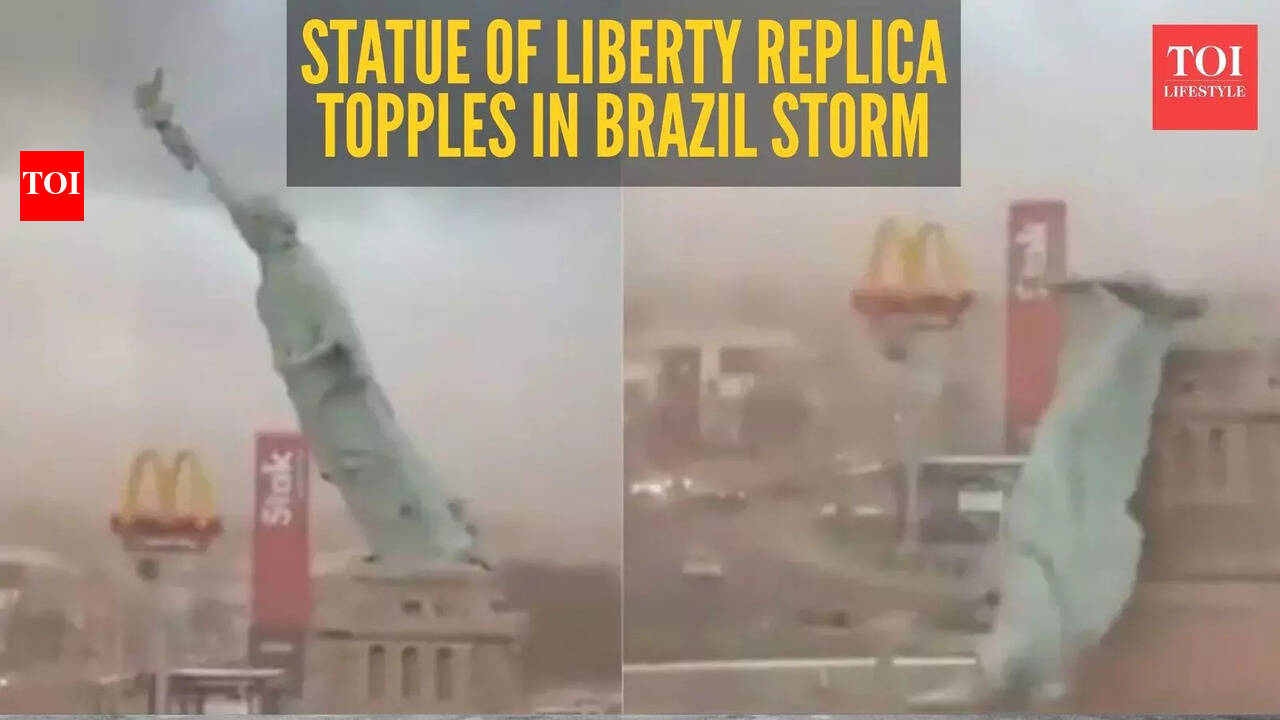 Storm topples Statue of Liberty replica, shocking video goes viral | - The  Times of India