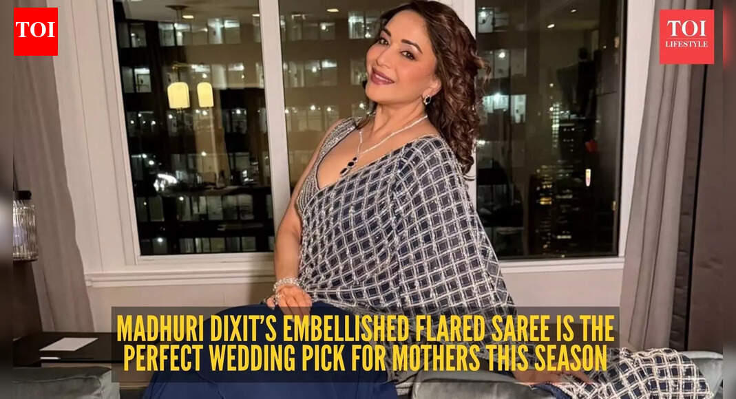 Why Madhuri Dixit’s embellished flared saree is a must-have for moms this wedding season