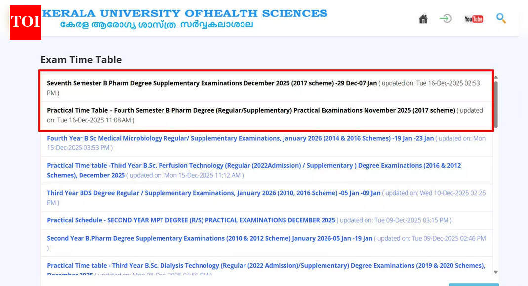 KUHS releases B.Pharm supplementary and practical exam timetable starting December 29; download PDF here