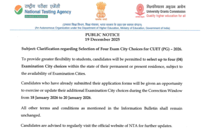 CUET PG 2026: NTA releases important notice on exam city selection; application correction window dates announced