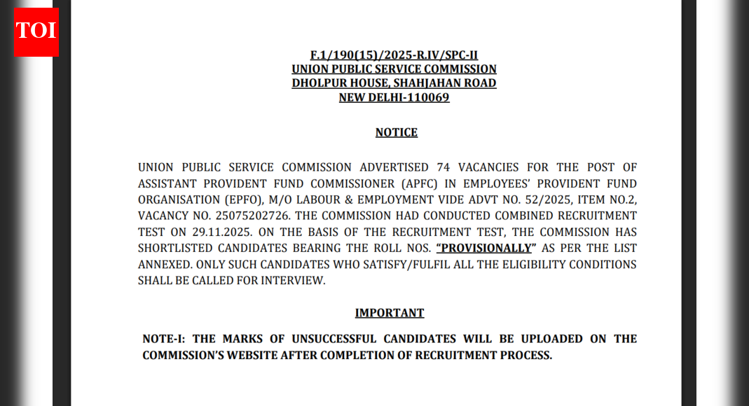 UPSC EPFO written exam result 2025 released at upsc.gov.in: Direct link to download here