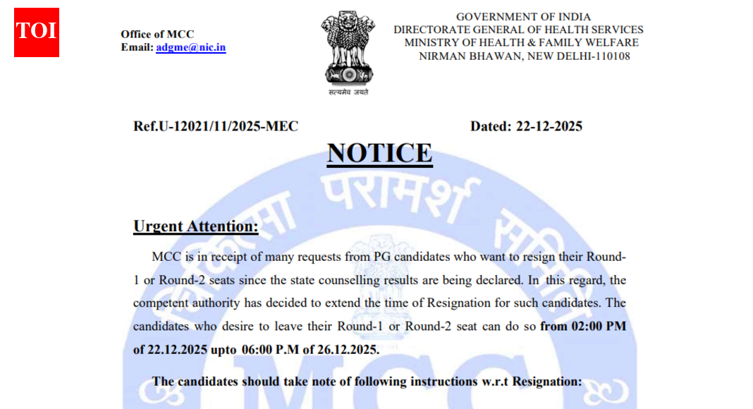 MCC extends NEET PG 2025 resignation window for round 1 and 2 seats; check official notice here