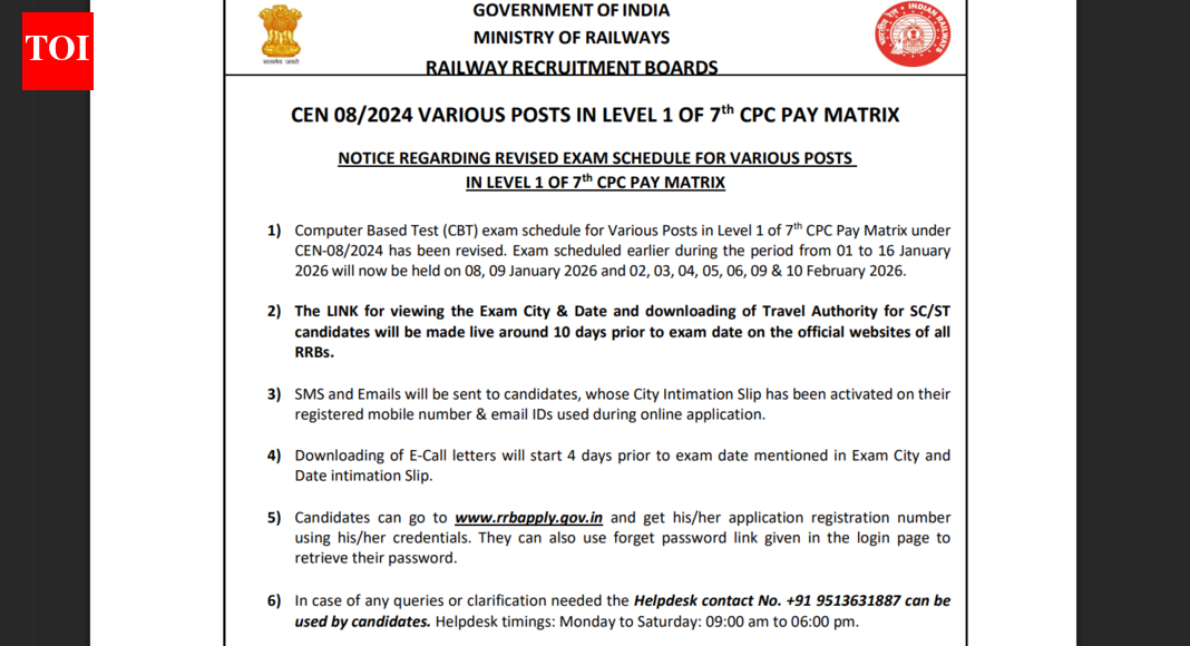 RRB Group D CBT exam schedule revised: Check important dates here