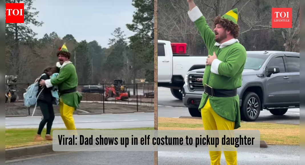 Dad's elf fancy dress goes viral as he pranks daughter in full Christmas costume
