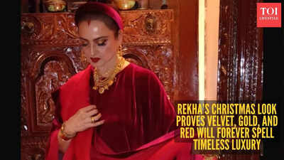 Rekha does Christmas the only way she knows - draped in luxe velvet tunic and red saree