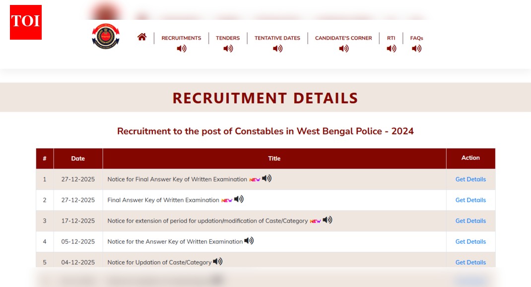 West Bengal Police Constable final answer key 2025 out: Direct link to download here