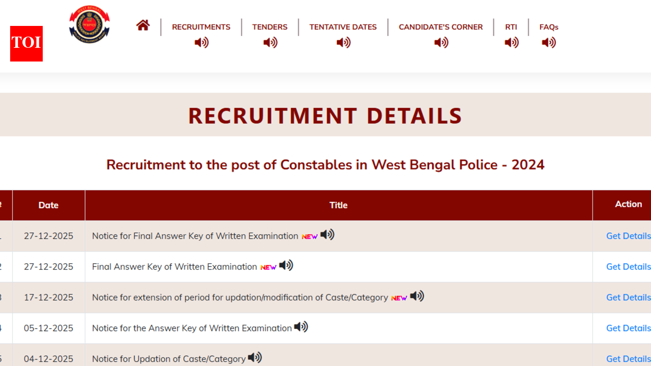 West Bengal Police Constable final answer key 2025 out: Direct link to download here