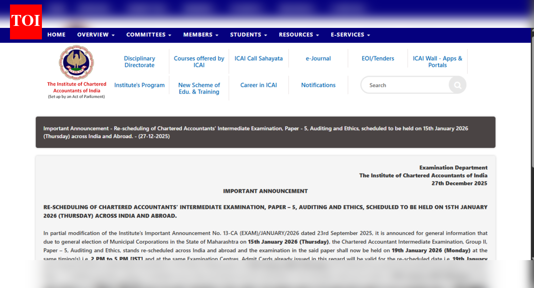 आईसीएआई ने 2026 के लिए सीए इंटरमीडिएट परीक्षा पेपर 5 को पुनर्निर्धारित किया: संशोधित तिथि और आधिकारिक सूचना यहां देखें
